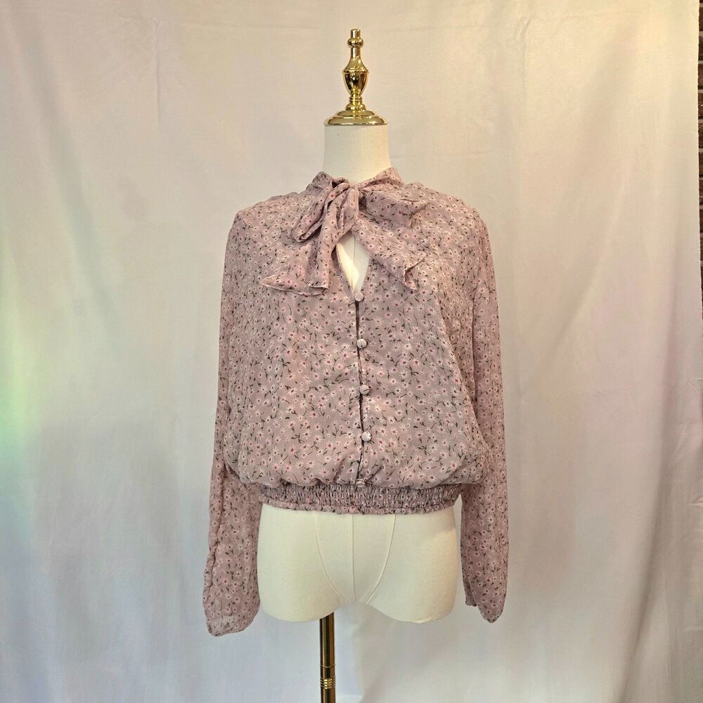 Floral mesh tie neck top